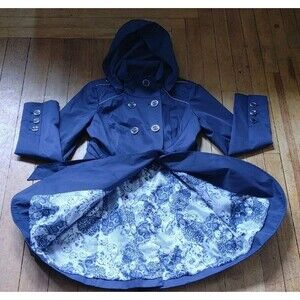 VTG Y2K Guess Women’s Trench Coat Navy Blue Belted Hooded Tiered Raincoat S